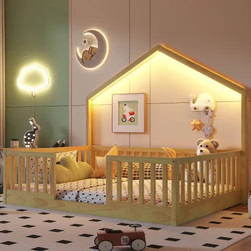 Full Floor Bed with High Rails, Wooden Montessori Bed with Light for Kids, Boys and Girls, Natural detail view 2