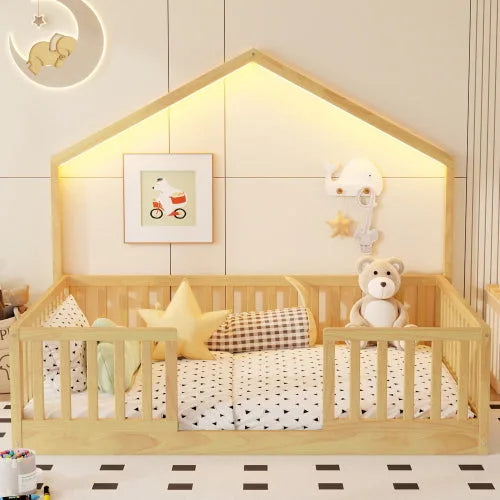Full Floor Bed with High Rails, Wooden Montessori Bed with Light for Kids, Boys and Girls, Natural detail view 3
