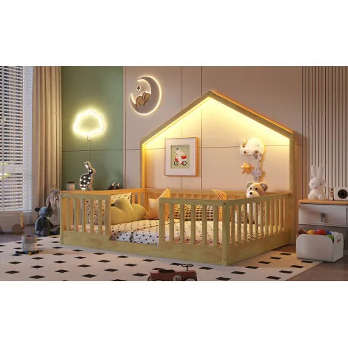 Full Floor Bed with High Rails, Wooden Montessori Bed with Light for Kids, Boys and Girls, Natural detail view 4