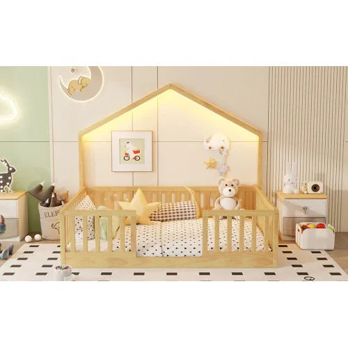 Full Floor Bed with High Rails, Wooden Montessori Bed with Light for Kids, Boys and Girls, Natural detail view 5