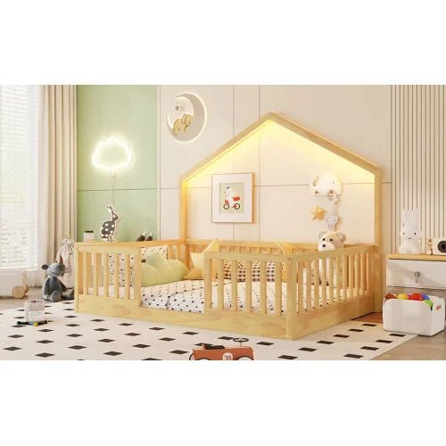 Full Floor Bed with High Rails, Wooden Montessori Bed with Light for Kids, Boys and Girls, Natural detail view 6