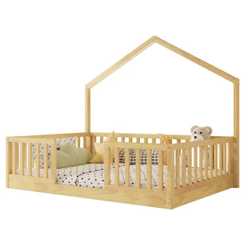Full Floor Bed with High Rails, Wooden Montessori Bed with Light for Kids, Boys and Girls, Natural detail view 7