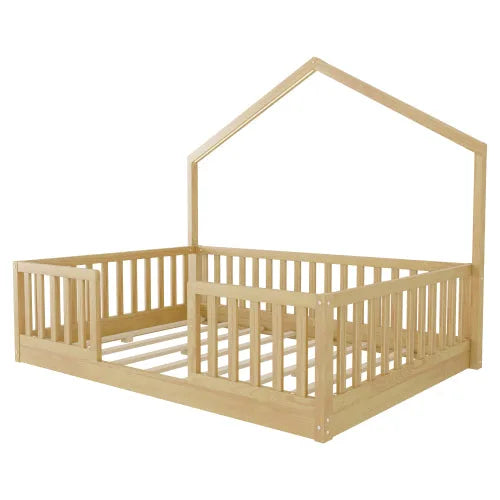 Full Floor Bed with High Rails, Wooden Montessori Bed with Light for Kids, Boys and Girls, Natural detail view 8