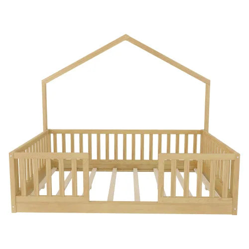 Full Floor Bed with High Rails, Wooden Montessori Bed with Light for Kids, Boys and Girls, Natural detail view 9