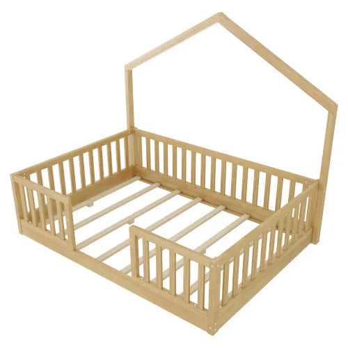 Full Floor Bed with High Rails, Wooden Montessori Bed with Light for Kids, Boys and Girls, Natural detail view 10