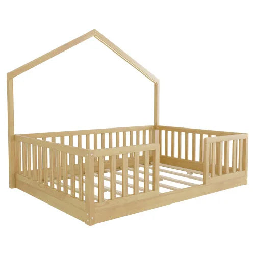 Full Floor Bed with High Rails, Wooden Montessori Bed with Light for Kids, Boys and Girls, Natural detail view 11