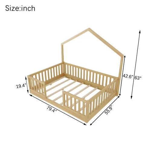 Full Floor Bed with High Rails, Wooden Montessori Bed with Light for Kids, Boys and Girls, Natural detail view 12