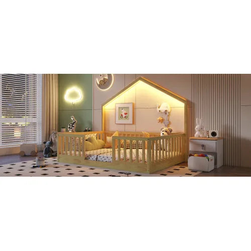 Full Floor Bed with High Rails, Wooden Montessori Bed with Light for Kids, Boys and Girls, Natural detail view 13