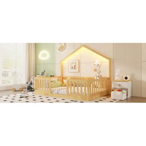 Full Floor Bed with High Rails, Wooden Montessori Bed with Light for Kids, Boys and Girls, Natural detail view 14