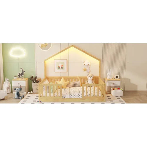 Full Floor Bed with High Rails, Wooden Montessori Bed with Light for Kids, Boys and Girls, Natural detail view 15