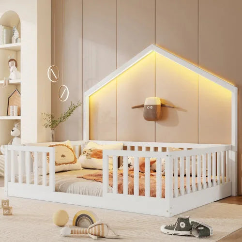 Full Floor Bed with High Rails, Wooden Montessori Bed with Light for Kids, Boys and Girls, Natural detail view 16