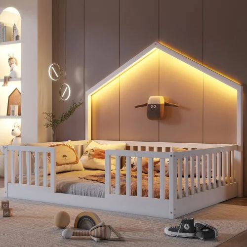 Full Floor Bed with High Rails, Wooden Montessori Bed with Light for Kids, Boys and Girls, Natural detail view 17