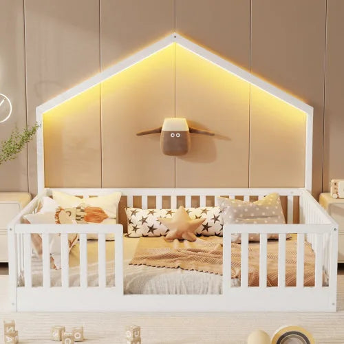 Full Floor Bed with High Rails, Wooden Montessori Bed with Light for Kids, Boys and Girls, Natural detail view 18