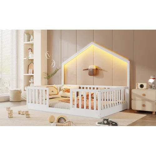 Full Floor Bed with High Rails, Wooden Montessori Bed with Light for Kids, Boys and Girls, Natural detail view 19