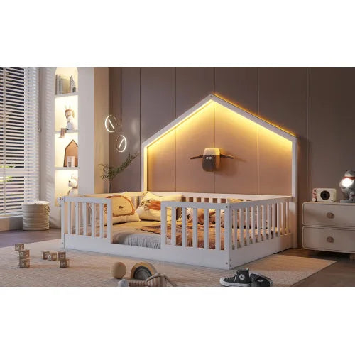 Full Floor Bed with High Rails, Wooden Montessori Bed with Light for Kids, Boys and Girls, Natural detail view 20