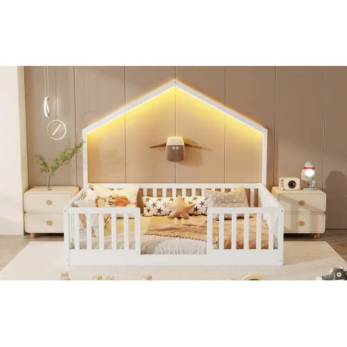 Full Floor Bed with High Rails, Wooden Montessori Bed with Light for Kids, Boys and Girls, Natural detail view 21