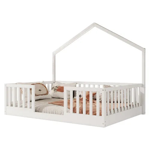 Full Floor Bed with High Rails, Wooden Montessori Bed with Light for Kids, Boys and Girls, Natural detail view 22