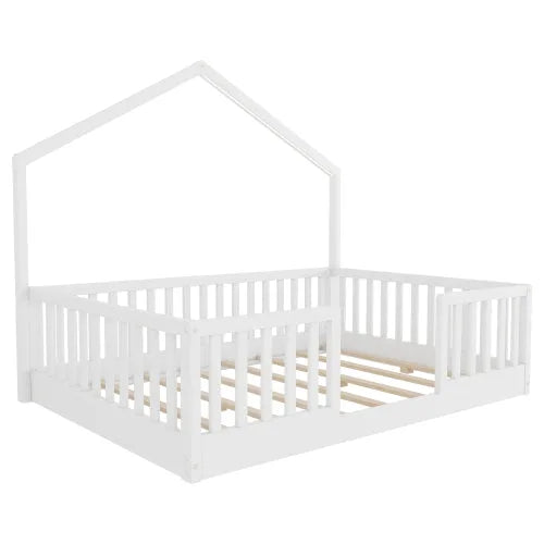 Full Floor Bed with High Rails, Wooden Montessori Bed with Light for Kids, Boys and Girls, Natural detail view 23
