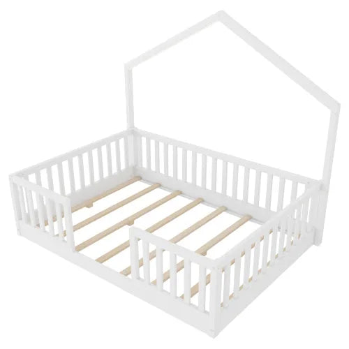 Full Floor Bed with High Rails, Wooden Montessori Bed with Light for Kids, Boys and Girls, Natural detail view 24