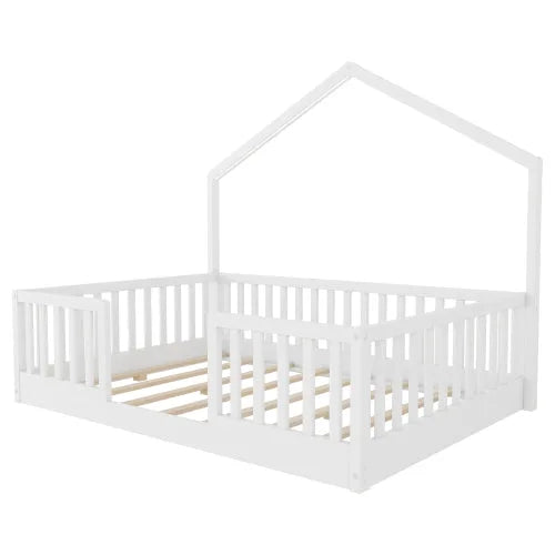 Full Floor Bed with High Rails, Wooden Montessori Bed with Light for Kids, Boys and Girls, Natural detail view 25