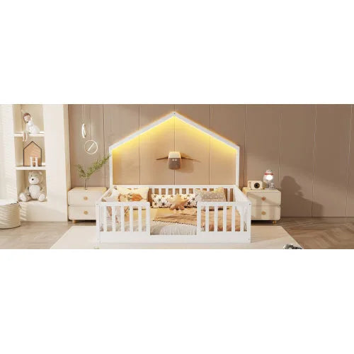 Full Floor Bed with High Rails, Wooden Montessori Bed with Light for Kids, Boys and Girls, Natural detail view 28
