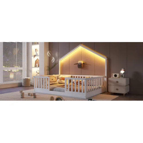 Full Floor Bed with High Rails, Wooden Montessori Bed with Light for Kids, Boys and Girls, Natural detail view 29