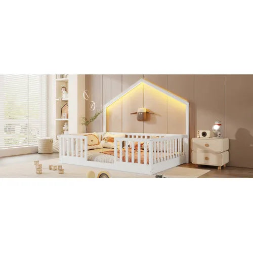 Full Floor Bed with High Rails, Wooden Montessori Bed with Light for Kids, Boys and Girls, Natural detail view 30