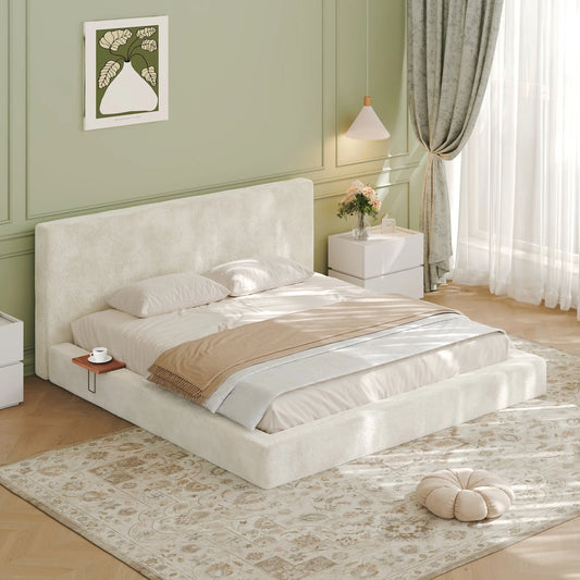 AirFrame King Bed Frame with adjustable Sliding Side Table, 8.7'' Cloud Upholstered Sponge Cushion, Easy Assembly (Off-White) lifestyle view