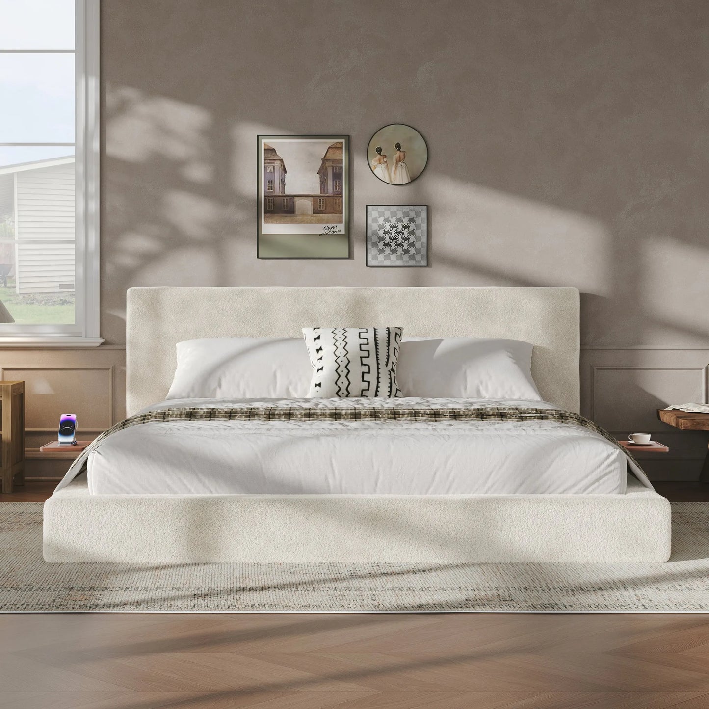 AirFrame King Bed Frame with adjustable Sliding Side Table, 8.7'' Cloud Upholstered Sponge Cushion, Easy Assembly (Off-White) detail view 2