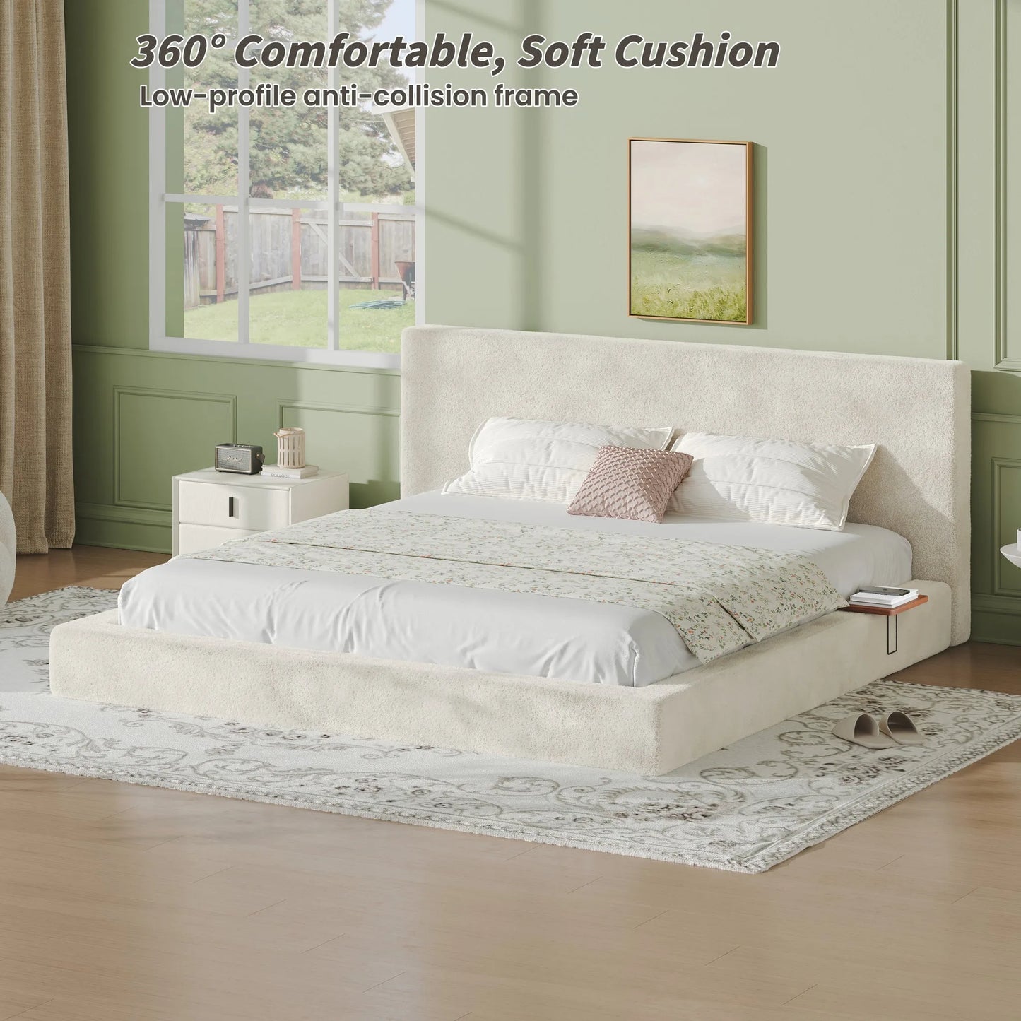 AirFrame King Bed Frame with adjustable Sliding Side Table, 8.7'' Cloud Upholstered Sponge Cushion, Easy Assembly (Off-White) detail view 3