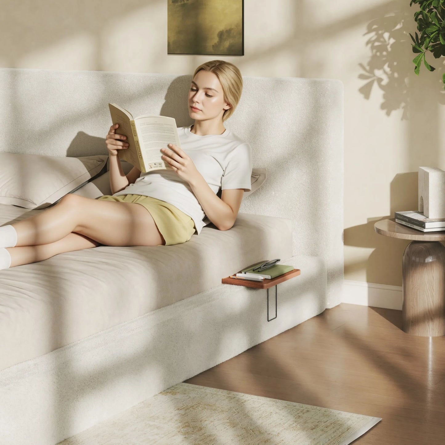AirFrame King Bed Frame with adjustable Sliding Side Table, 8.7'' Cloud Upholstered Sponge Cushion, Easy Assembly (Off-White) detail view 6