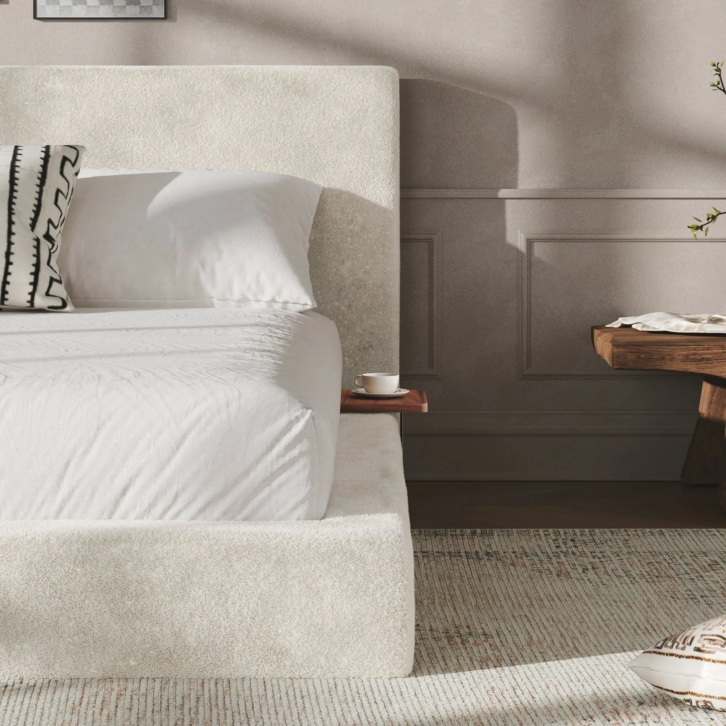 AirFrame King Bed Frame with adjustable Sliding Side Table, 8.7'' Cloud Upholstered Sponge Cushion, Easy Assembly (Off-White) detail view 7