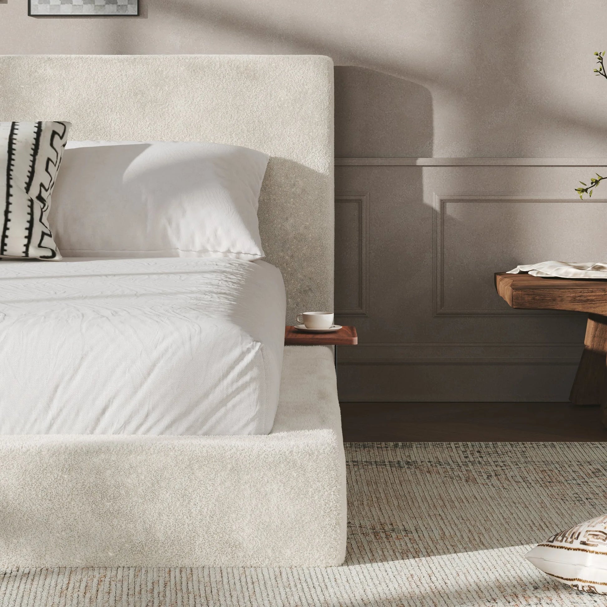 AirFrame King Bed Frame with adjustable Sliding Side Table, 8.7'' Cloud Upholstered Sponge Cushion, Easy Assembly (Off-White) detail view 7