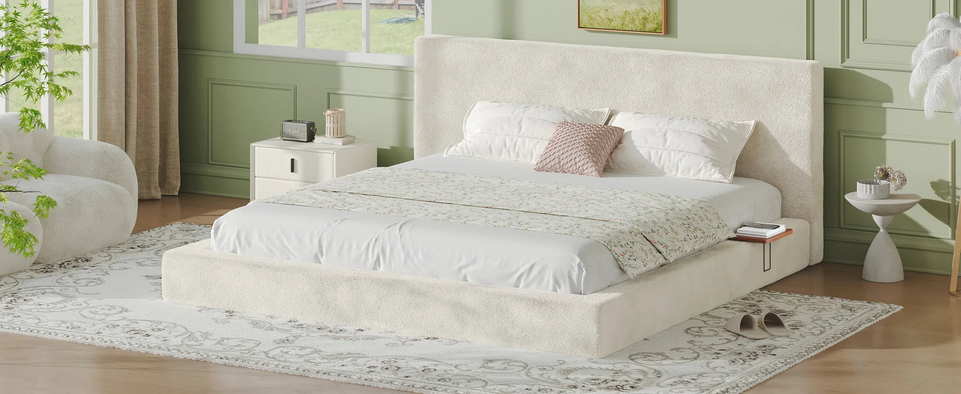 AirFrame King Bed Frame with adjustable Sliding Side Table, 8.7'' Cloud Upholstered Sponge Cushion, Easy Assembly (Off-White) detail view 12