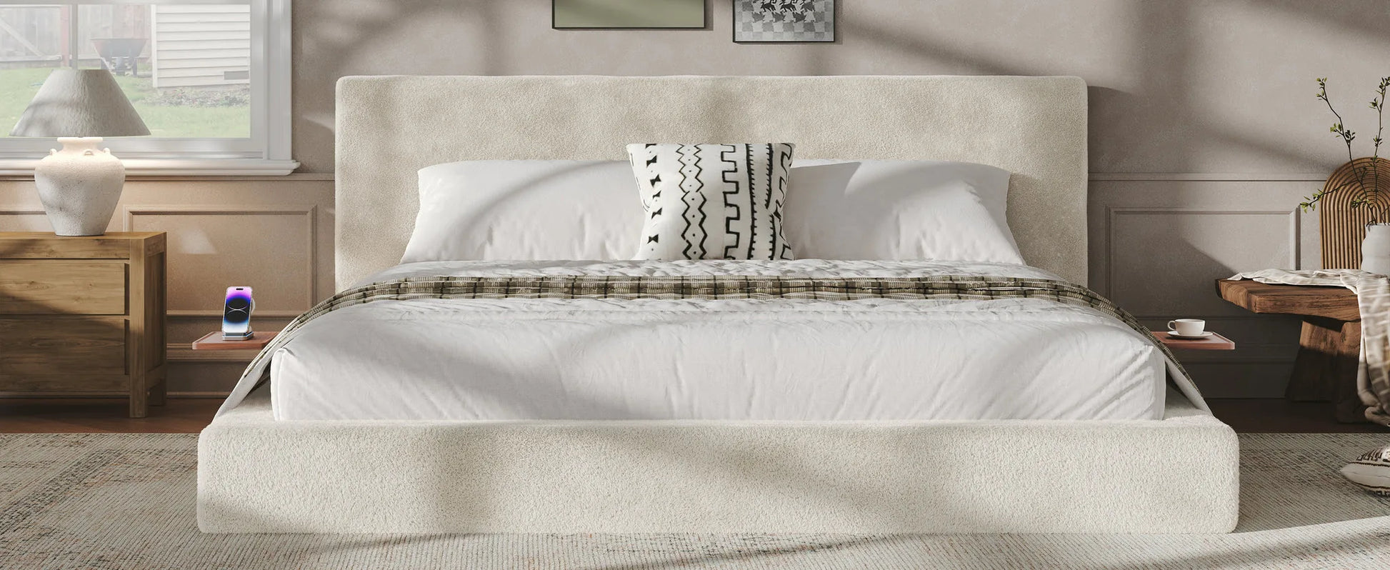 AirFrame King Bed Frame with adjustable Sliding Side Table, 8.7'' Cloud Upholstered Sponge Cushion, Easy Assembly (Off-White) detail view 13