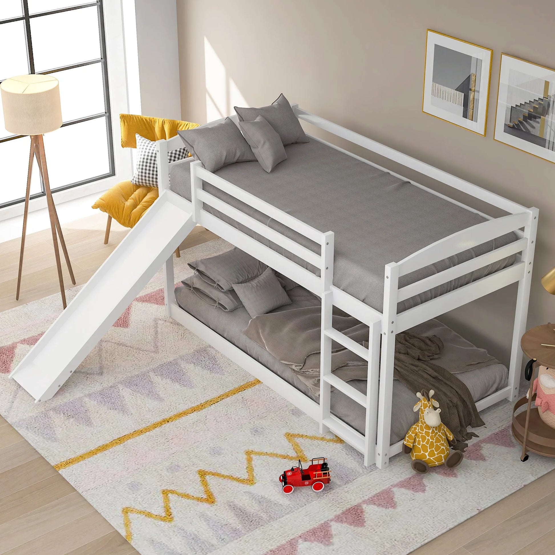 White Twin over Twin Bunk Bed with Convertible Slide and Ladder, Pine Wood and MDF, 79.3''L x 84.4''W x 46.5''H lifestyle view