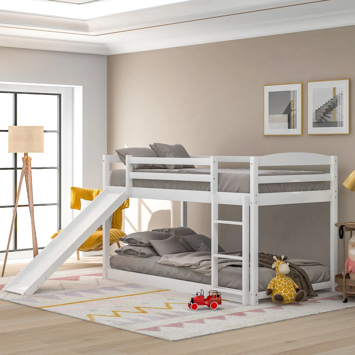 White Twin over Twin Bunk Bed with Convertible Slide and Ladder, Pine Wood and MDF, 79.3''L x 84.4''W x 46.5''H detail view 4