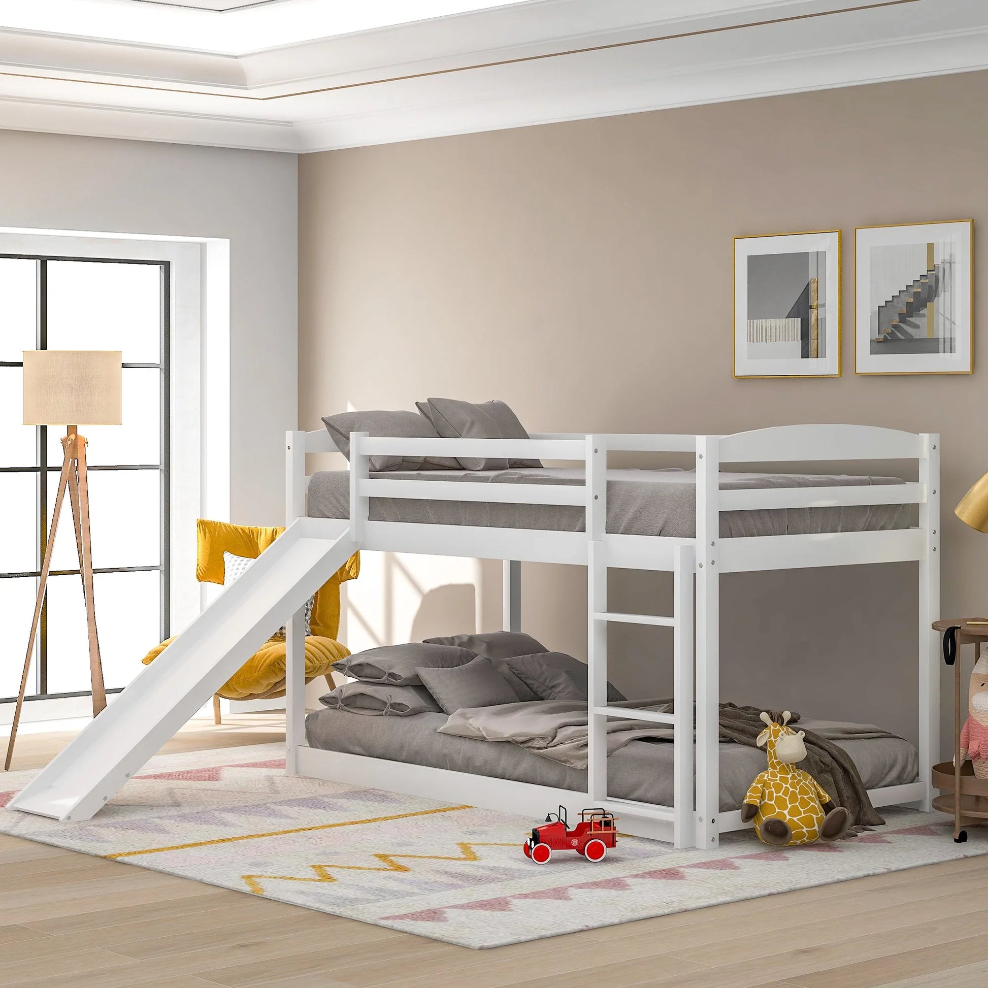 White Twin over Twin Bunk Bed with Convertible Slide and Ladder, Pine Wood and MDF, 79.3''L x 84.4''W x 46.5''H detail view 4
