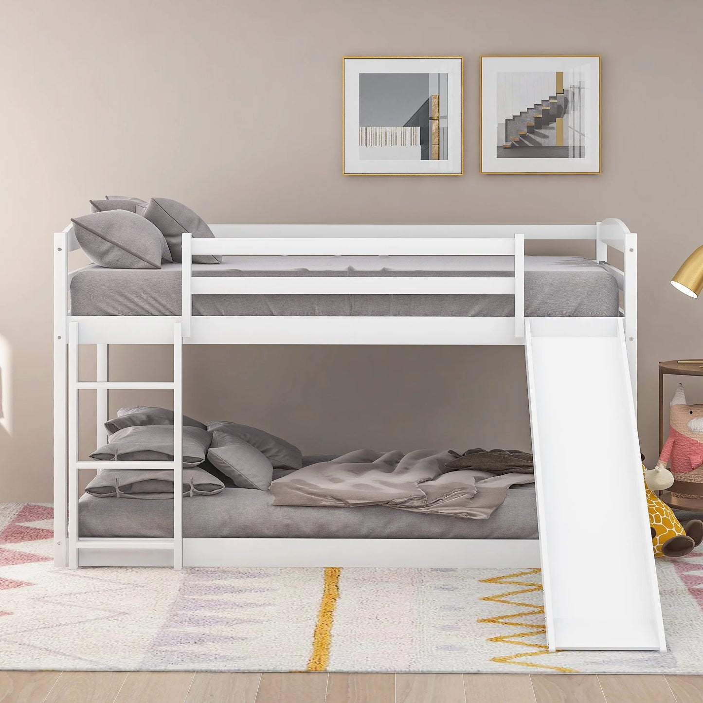 White Twin over Twin Bunk Bed with Convertible Slide and Ladder, Pine Wood and MDF, 79.3''L x 84.4''W x 46.5''H detail view 5