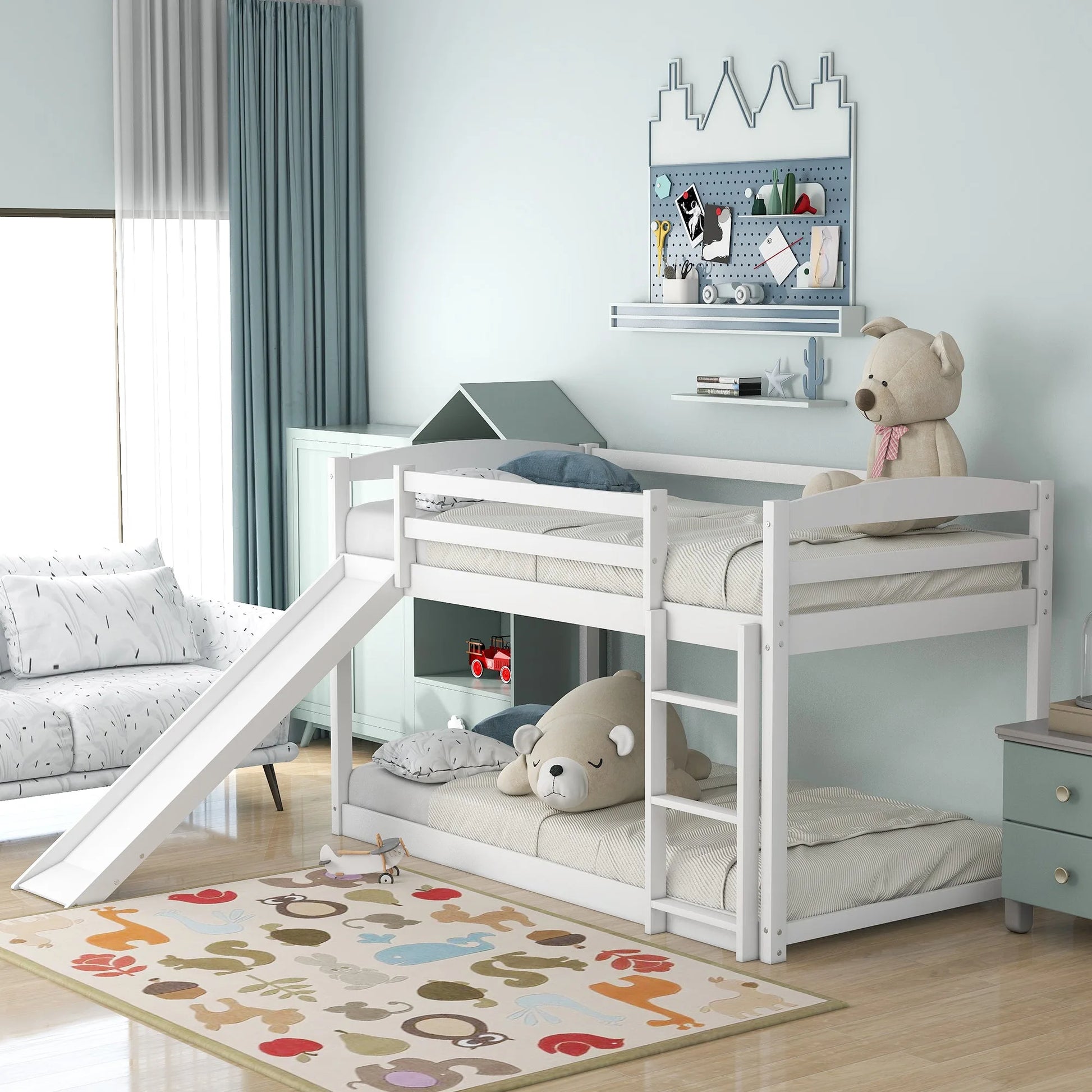 White Twin over Twin Bunk Bed with Convertible Slide and Ladder, Pine Wood and MDF, 79.3''L x 84.4''W x 46.5''H detail view 6