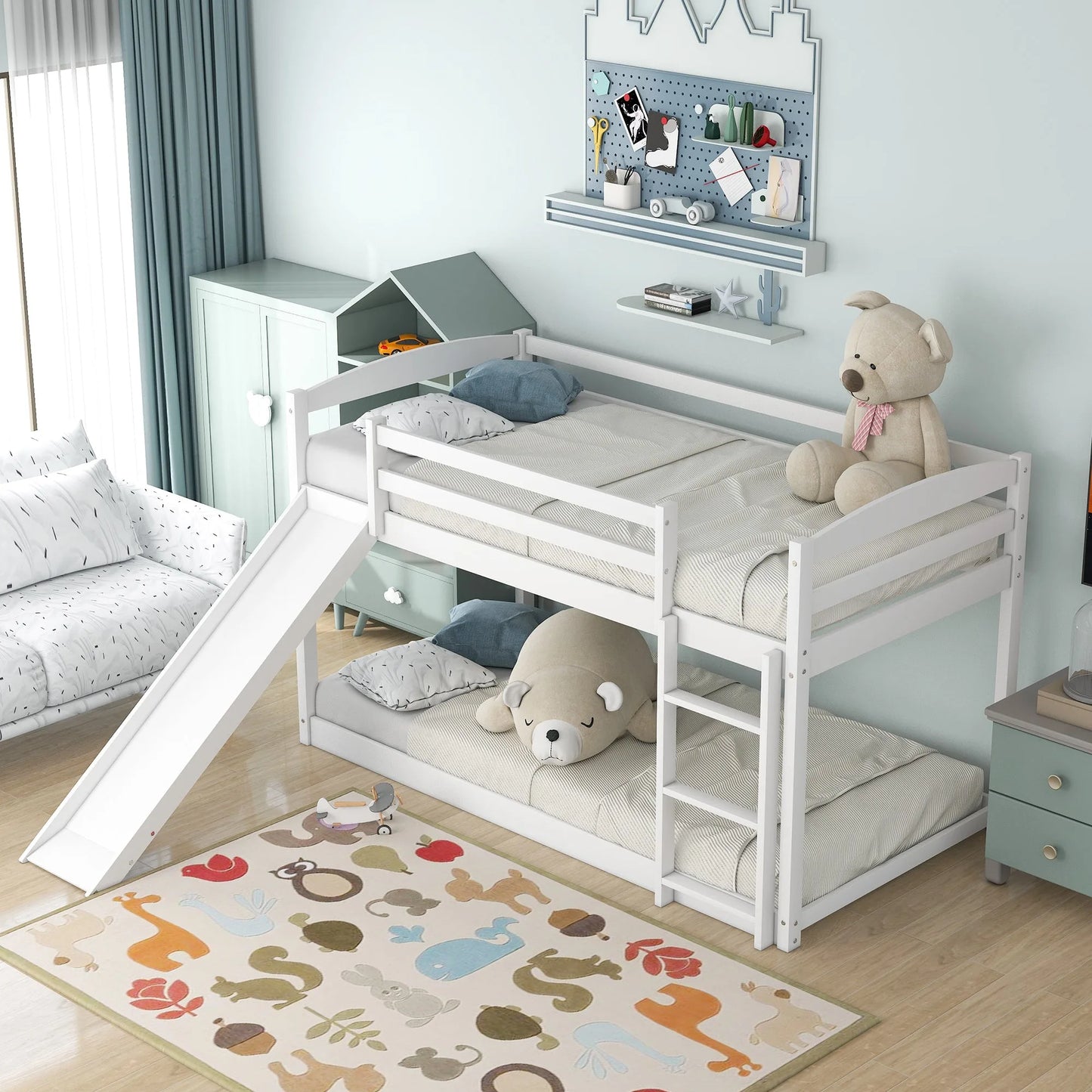 White Twin over Twin Bunk Bed with Convertible Slide and Ladder, Pine Wood and MDF, 79.3''L x 84.4''W x 46.5''H detail view 7