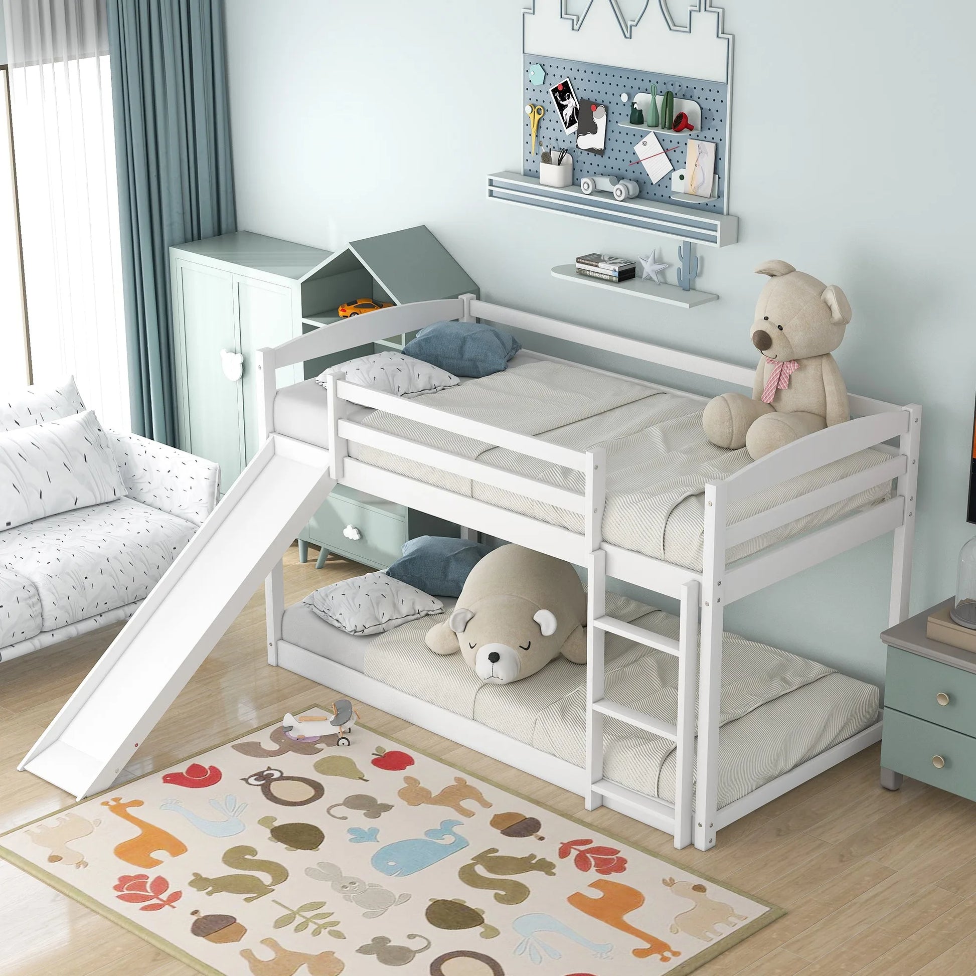 White Twin over Twin Bunk Bed with Convertible Slide and Ladder, Pine Wood and MDF, 79.3''L x 84.4''W x 46.5''H detail view 7