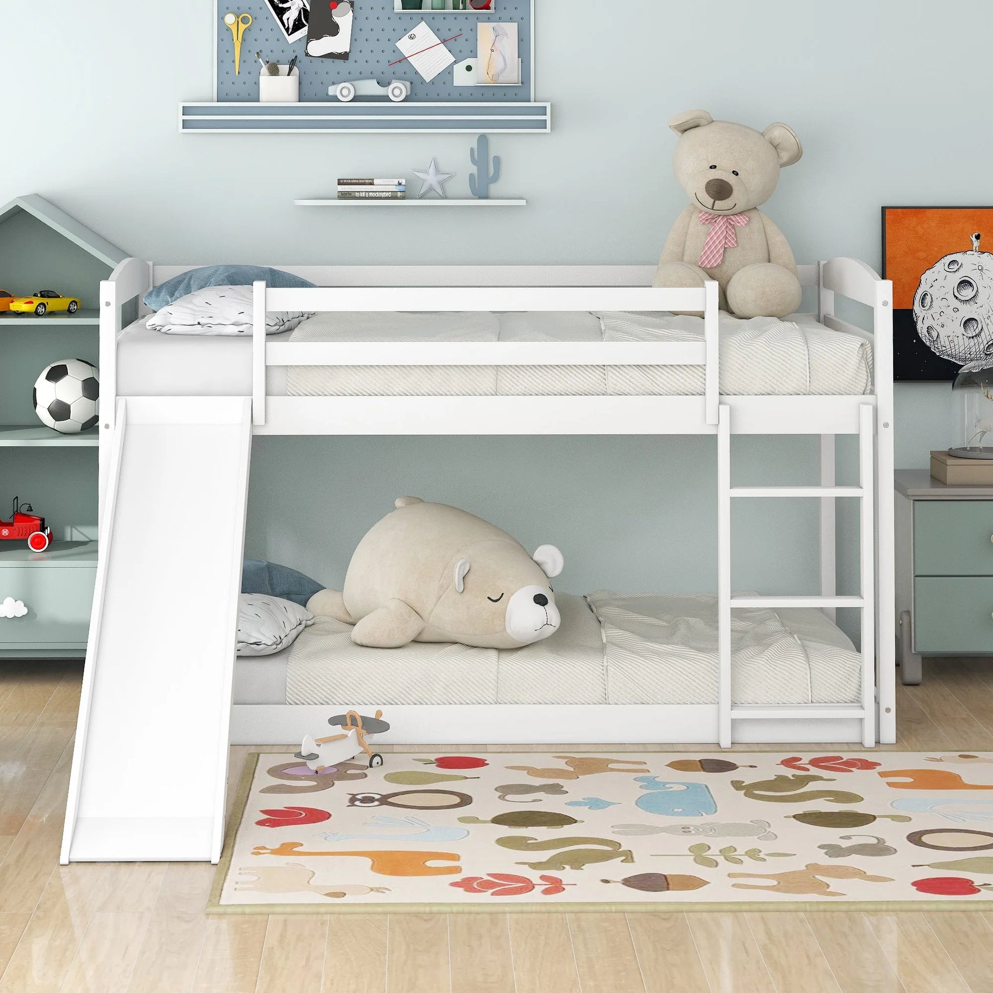 White Twin over Twin Bunk Bed with Convertible Slide and Ladder, Pine Wood and MDF, 79.3''L x 84.4''W x 46.5''H detail view 9
