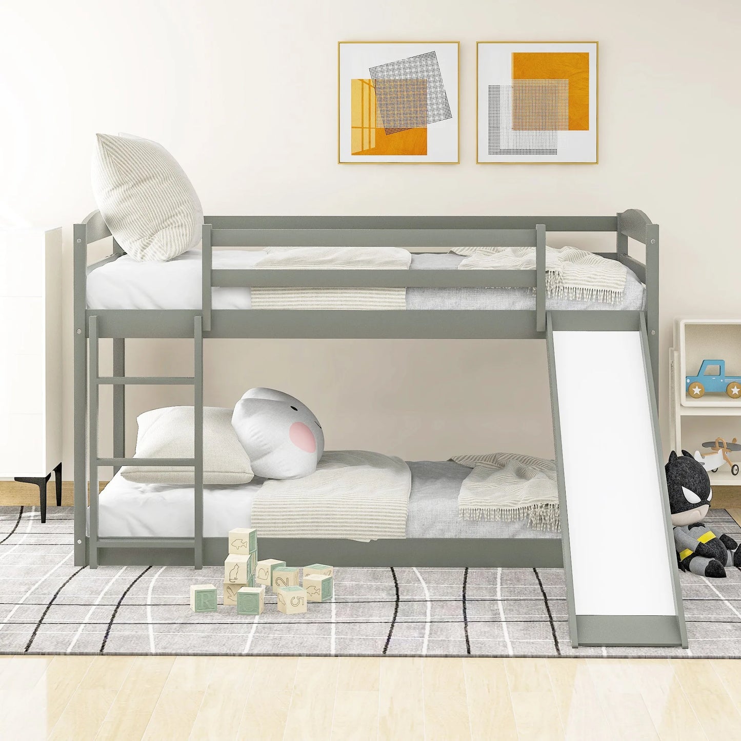 White Twin over Twin Bunk Bed with Convertible Slide and Ladder, Pine Wood and MDF, 79.3''L x 84.4''W x 46.5''H detail view 17