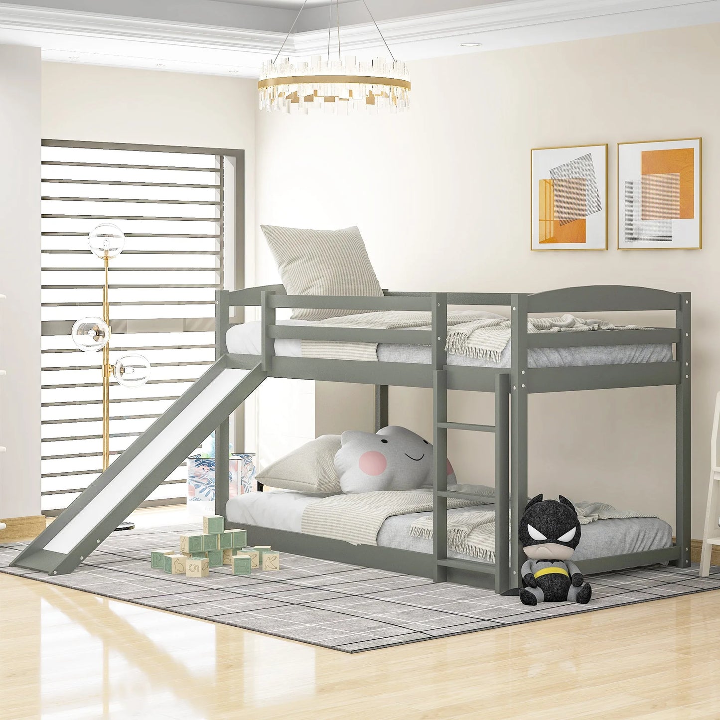 White Twin over Twin Bunk Bed with Convertible Slide and Ladder, Pine Wood and MDF, 79.3''L x 84.4''W x 46.5''H detail view 19