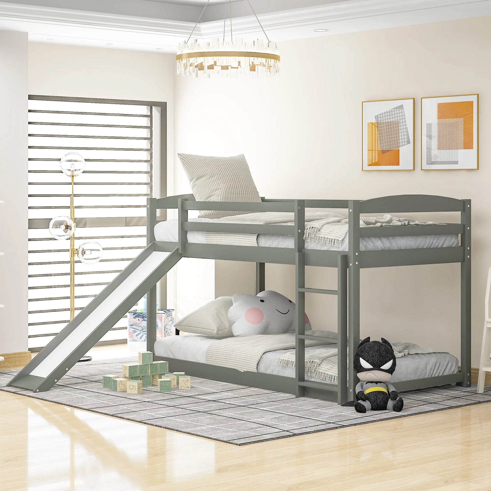White Twin over Twin Bunk Bed with Convertible Slide and Ladder, Pine Wood and MDF, 79.3''L x 84.4''W x 46.5''H detail view 19
