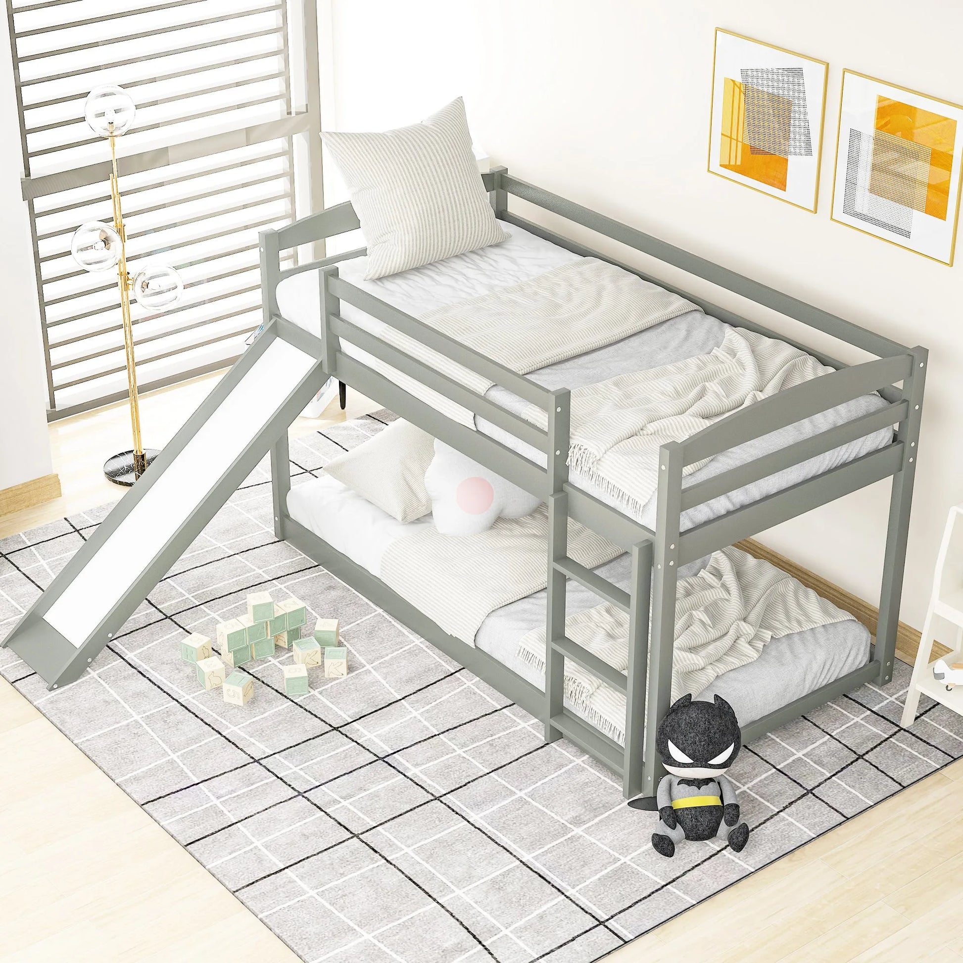 White Twin over Twin Bunk Bed with Convertible Slide and Ladder, Pine Wood and MDF, 79.3''L x 84.4''W x 46.5''H detail view 20