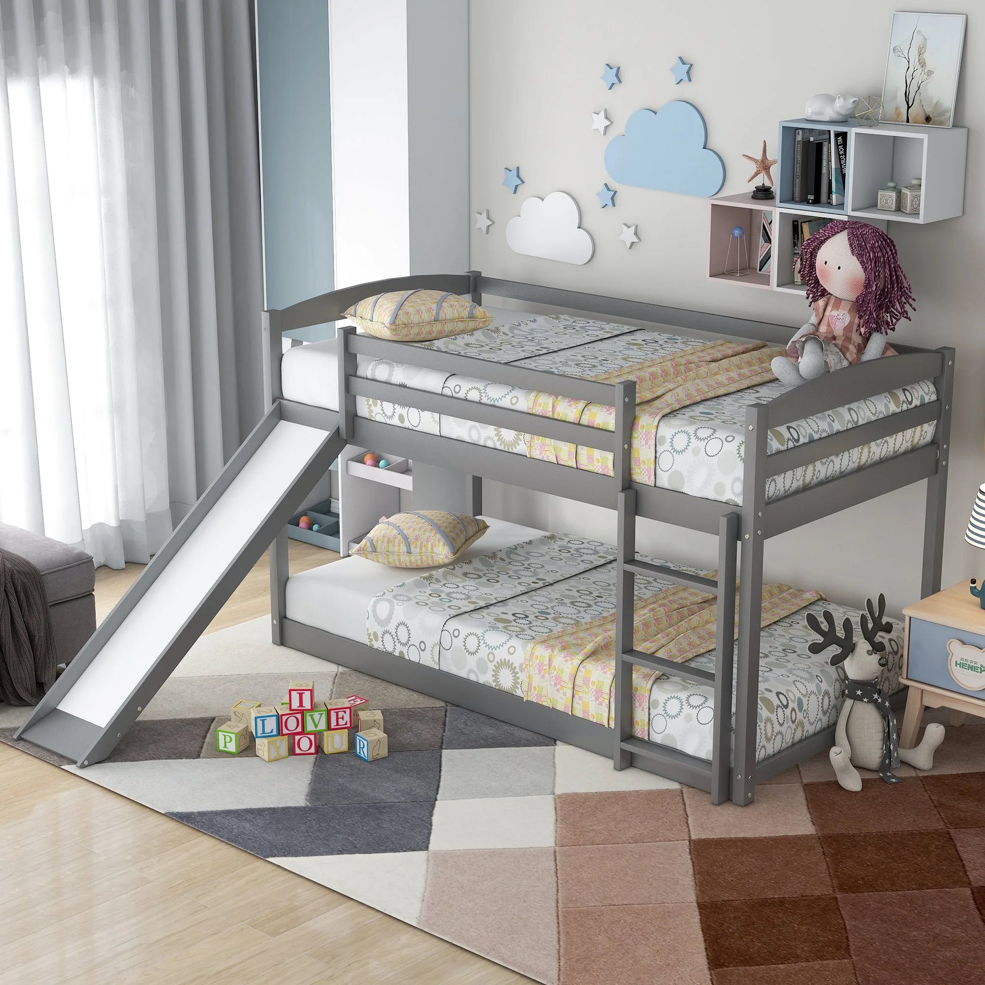 White Twin over Twin Bunk Bed with Convertible Slide and Ladder, Pine Wood and MDF, 79.3''L x 84.4''W x 46.5''H detail view 21