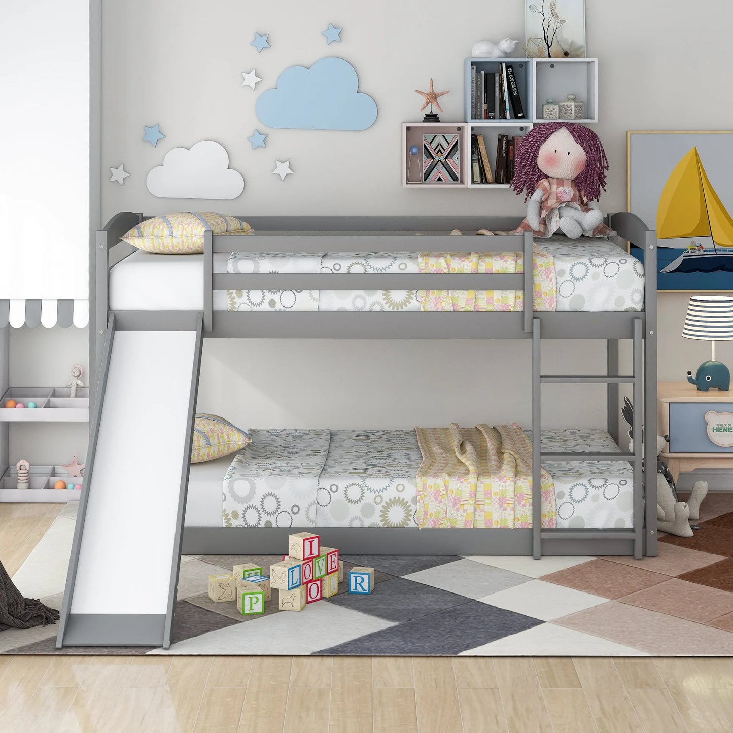 White Twin over Twin Bunk Bed with Convertible Slide and Ladder, Pine Wood and MDF, 79.3''L x 84.4''W x 46.5''H detail view 22