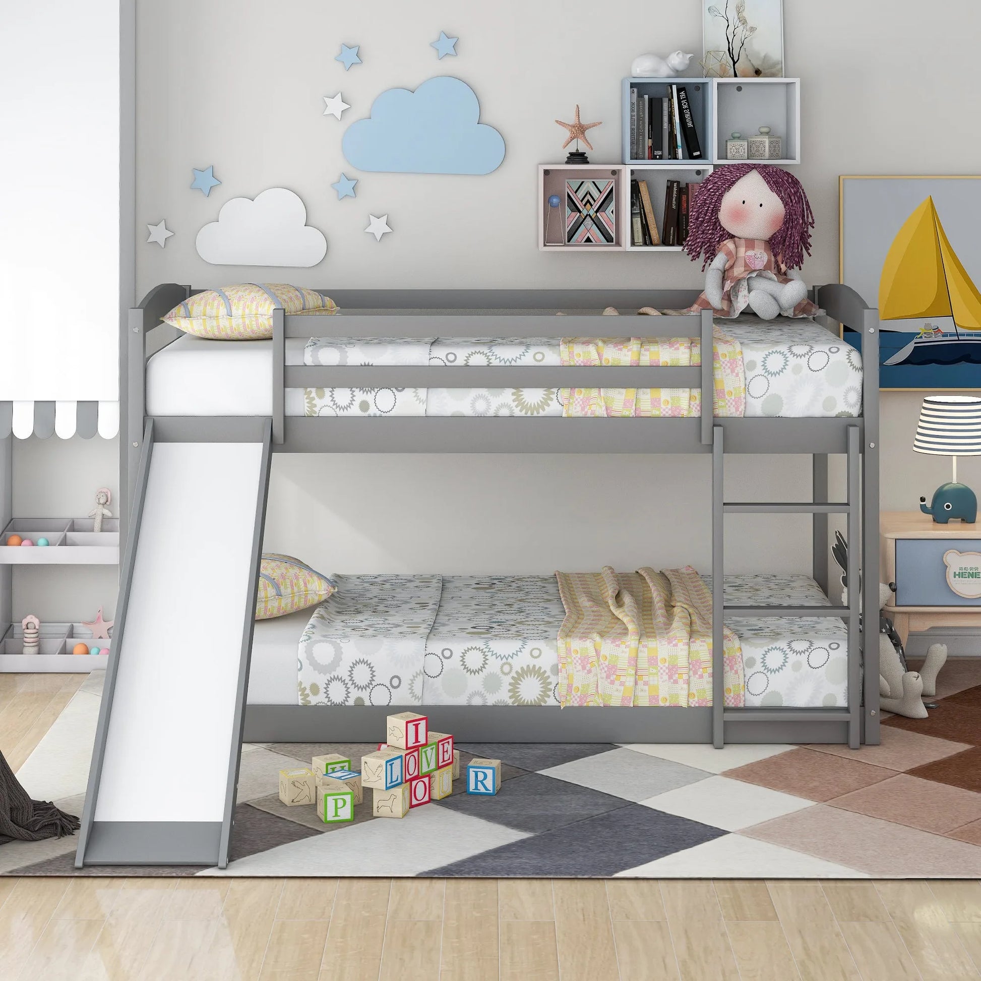 White Twin over Twin Bunk Bed with Convertible Slide and Ladder, Pine Wood and MDF, 79.3''L x 84.4''W x 46.5''H detail view 22